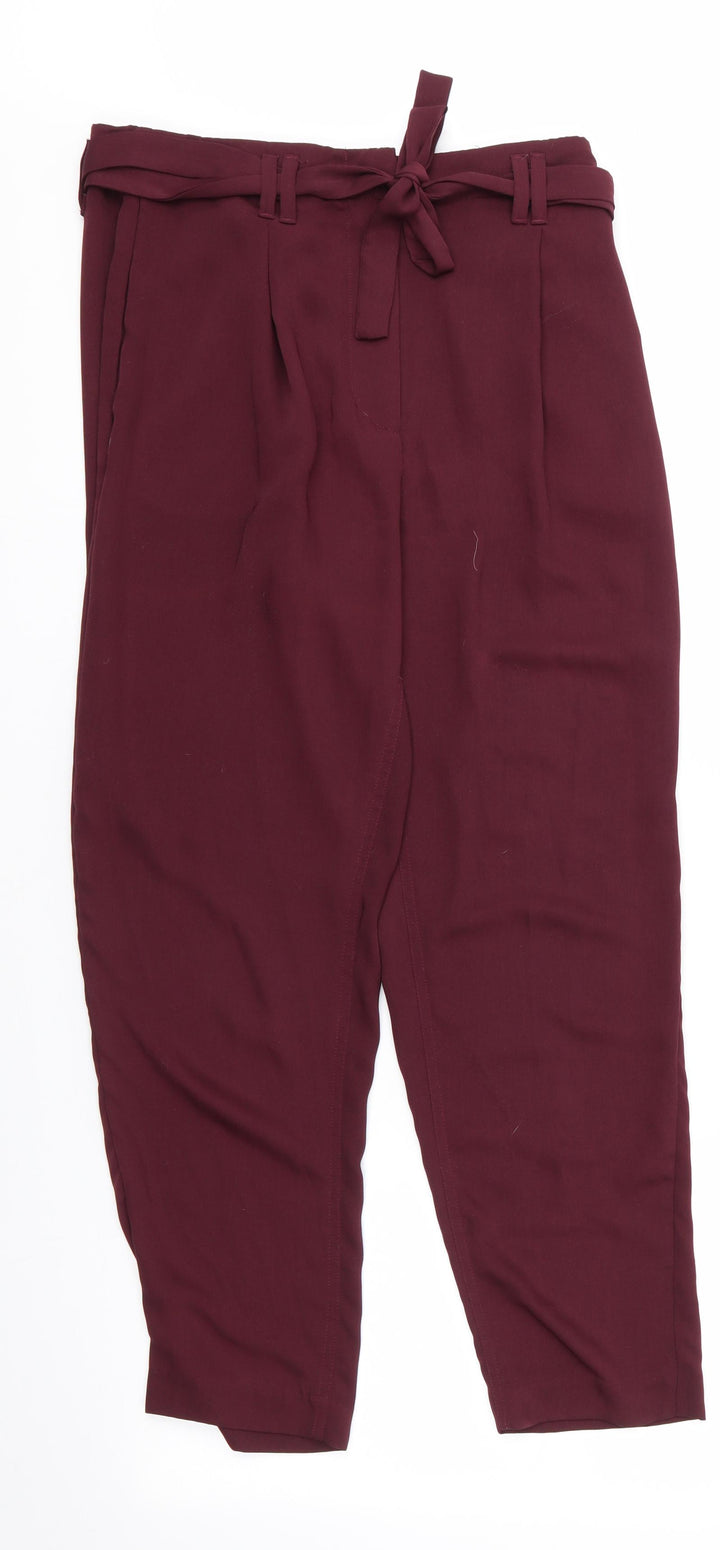 H&M Womens Brown  Polyester Cropped Trousers Size 8 L25 in Regular  - Silky texture