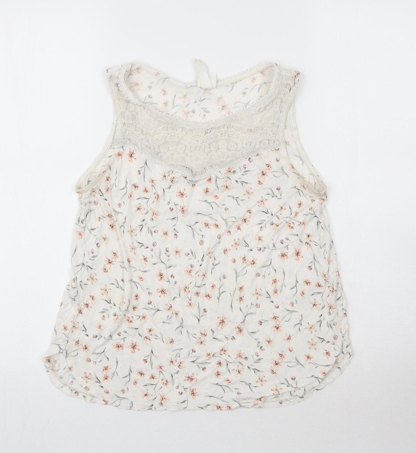 H&M Womens White Floral Viscose Basic Tank Size S Round Neck - Lace Detail