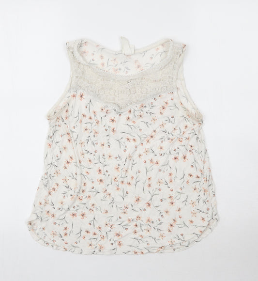 Front view of H&M women’s white floral viscose basic tank, size S, round neck - lace detail