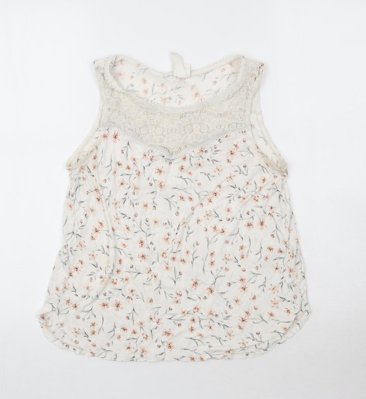 H&M Womens White Floral Viscose Basic Tank Size S Round Neck - Lace Detail