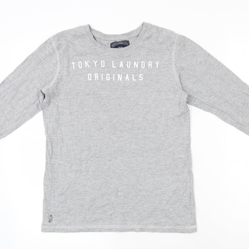 Tokyo Laundry Co Boys Grey  Cotton Basic T-Shirt Size 11-12 Years Round Neck Pullover - Badge Detail
