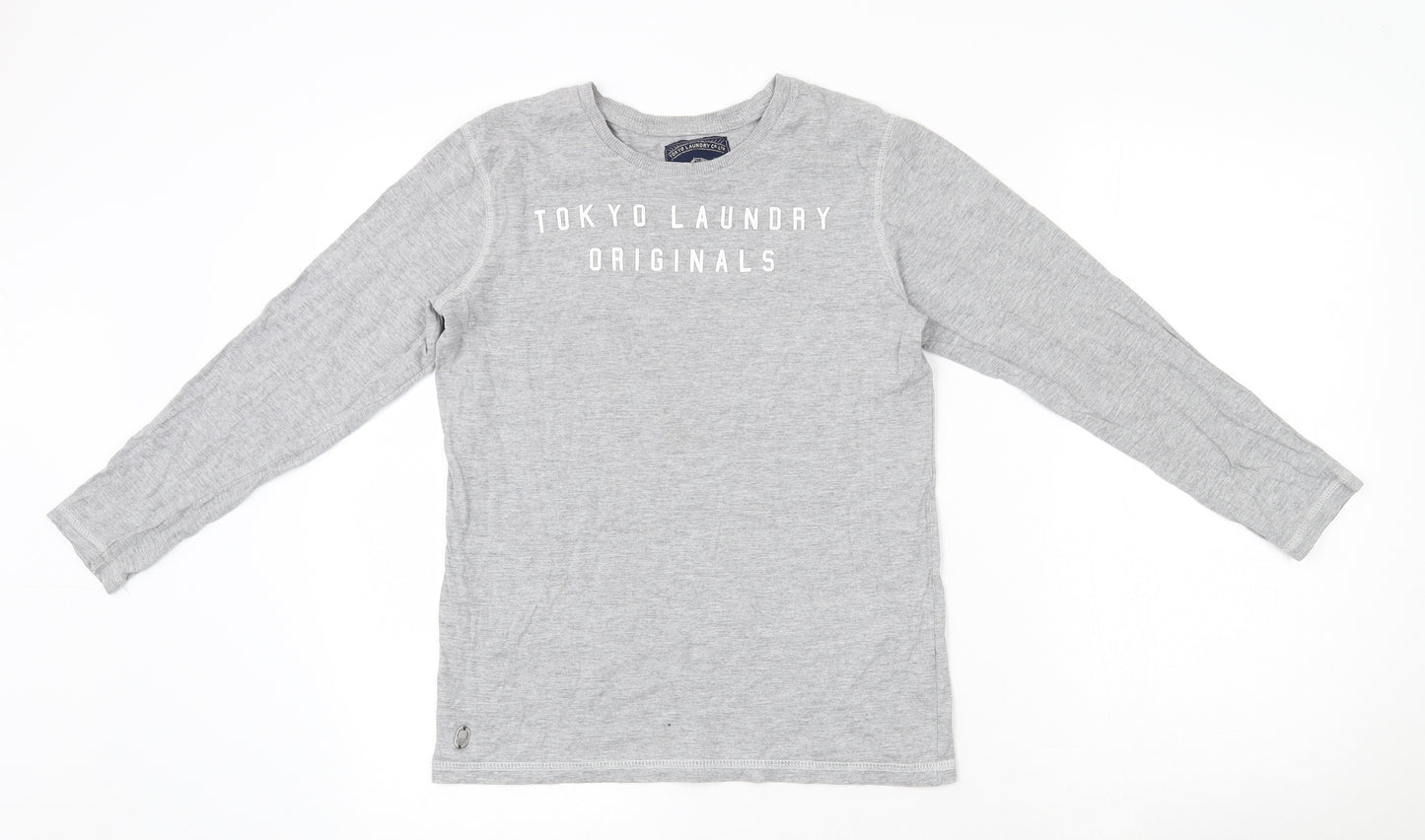Tokyo Laundry Co Boys Grey  Cotton Basic T-Shirt Size 11-12 Years Round Neck Pullover - Badge Detail