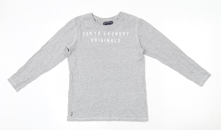 Tokyo Laundry Co Boys Grey  Cotton Basic T-Shirt Size 11-12 Years Round Neck Pullover - Badge Detail