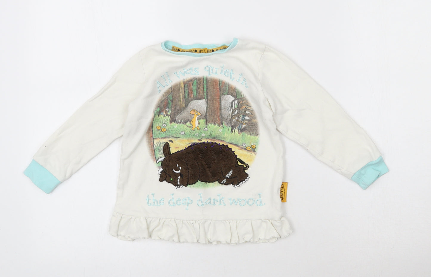 The Gruffalo Girls White  Cotton Basic T-Shirt Size 3-4 Years Round Neck Pullover - The Gruffalo Frill Detail