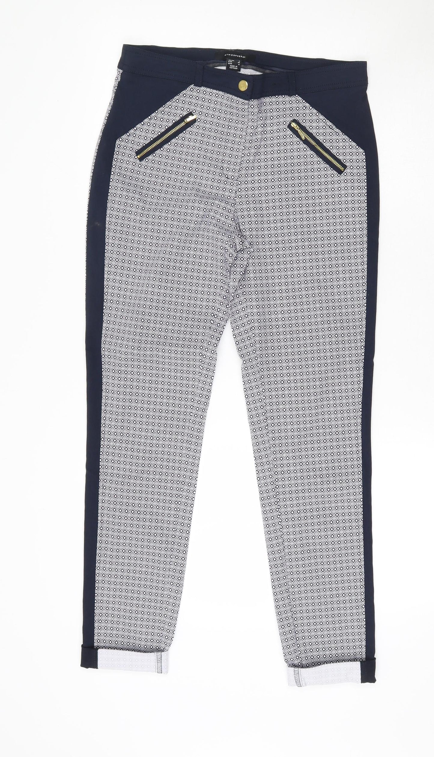 Primark  Womens Blue Argyle/Diamond Viscose Trousers  Size 8 L28 in Regular Zip