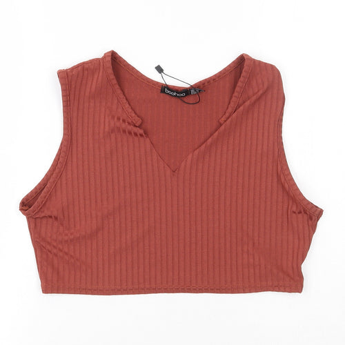 Boohoo Womens Red Striped Polyester Cropped T-Shirt Size 12 V-Neck