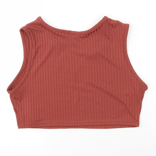 Boohoo Womens Red Striped Polyester Cropped T-Shirt Size 12 V-Neck