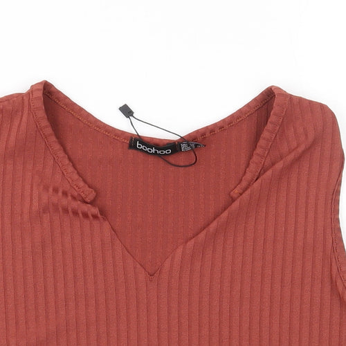 Boohoo Womens Red Striped Polyester Cropped T-Shirt Size 12 V-Neck