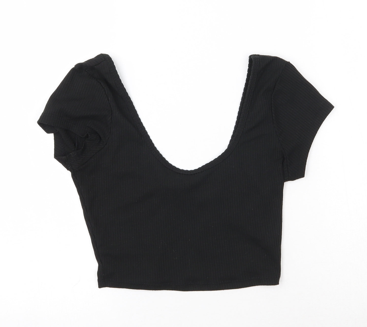 Primark Womens Black  Polyester Cropped T-Shirt Size 4 Scoop Neck