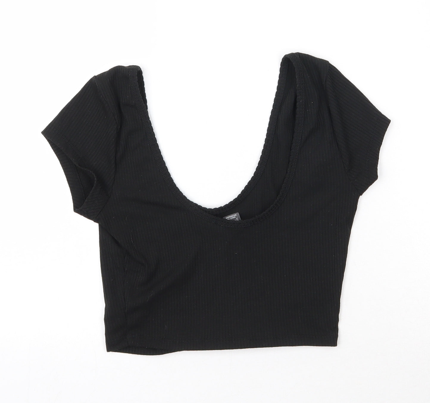 Primark Womens Black  Polyester Cropped T-Shirt Size 4 Scoop Neck