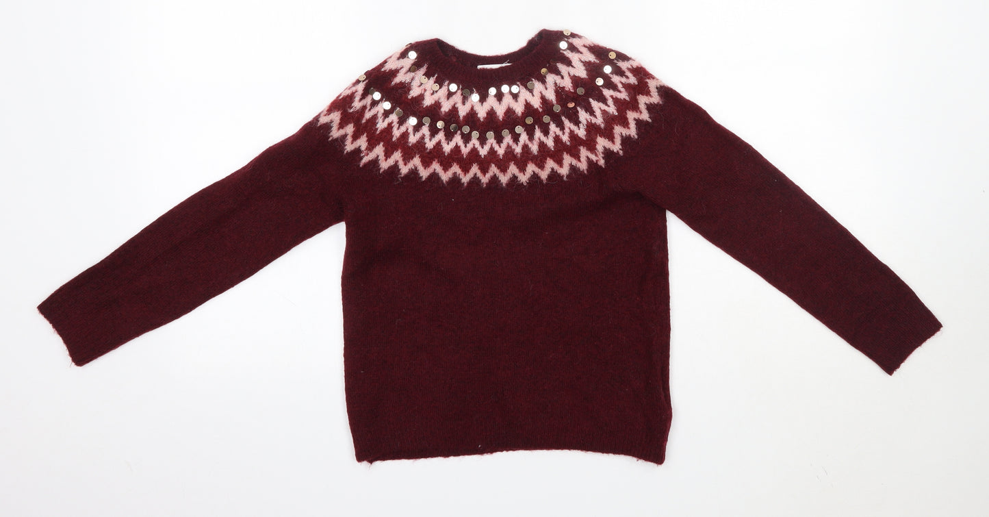 H&M Girls Red Round Neck  Acrylic Pullover Jumper Size 8-9 Years