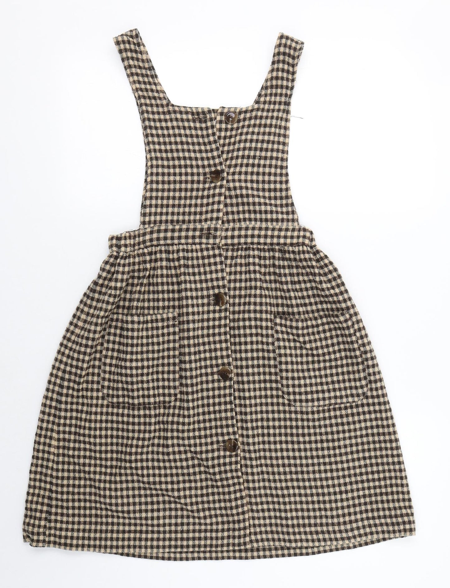 Zara Girls Brown Check Cotton Pinafore/Dungaree Dress  Size 11-12 Years  Square Neck