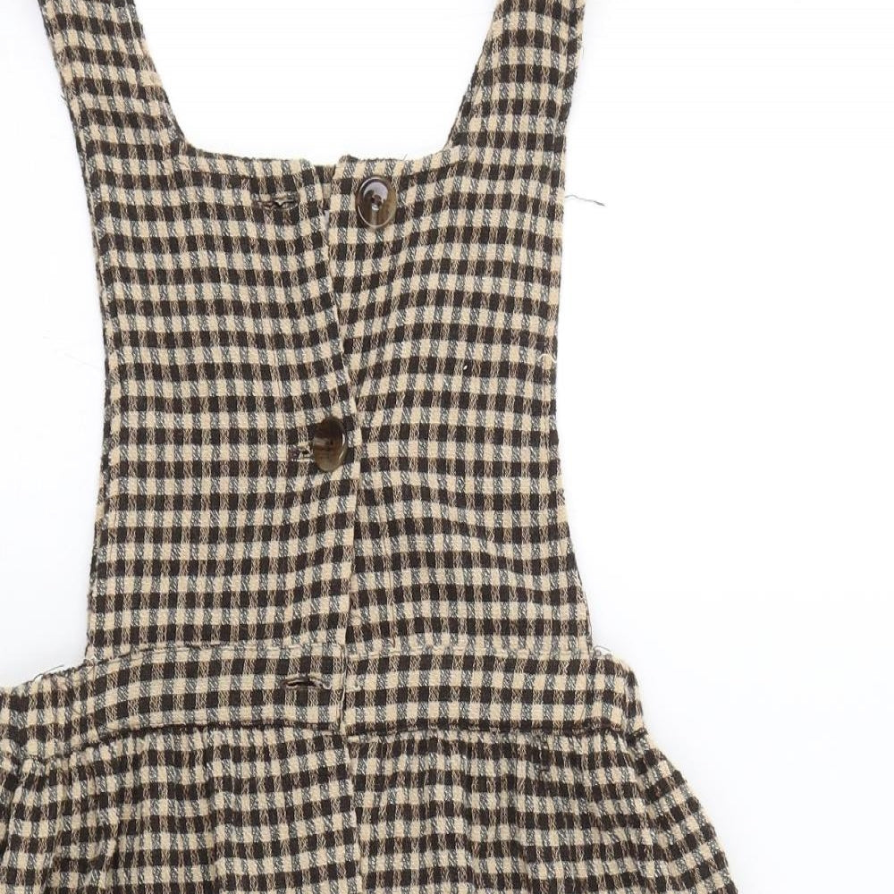 Zara Girls Brown Check Cotton Pinafore/Dungaree Dress  Size 11-12 Years  Square Neck