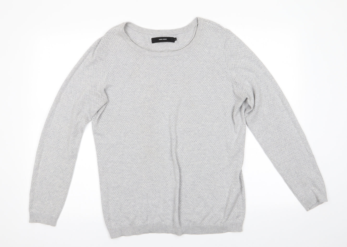 VERO MODA Womens Grey Round Neck  Cotton Pullover Jumper Size XL   - Fine open knit Pale Grey