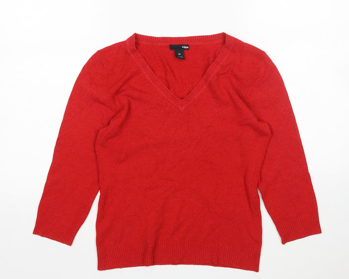 H&M Womens Red V-Neck Acrylic Pullover Jumper Size M