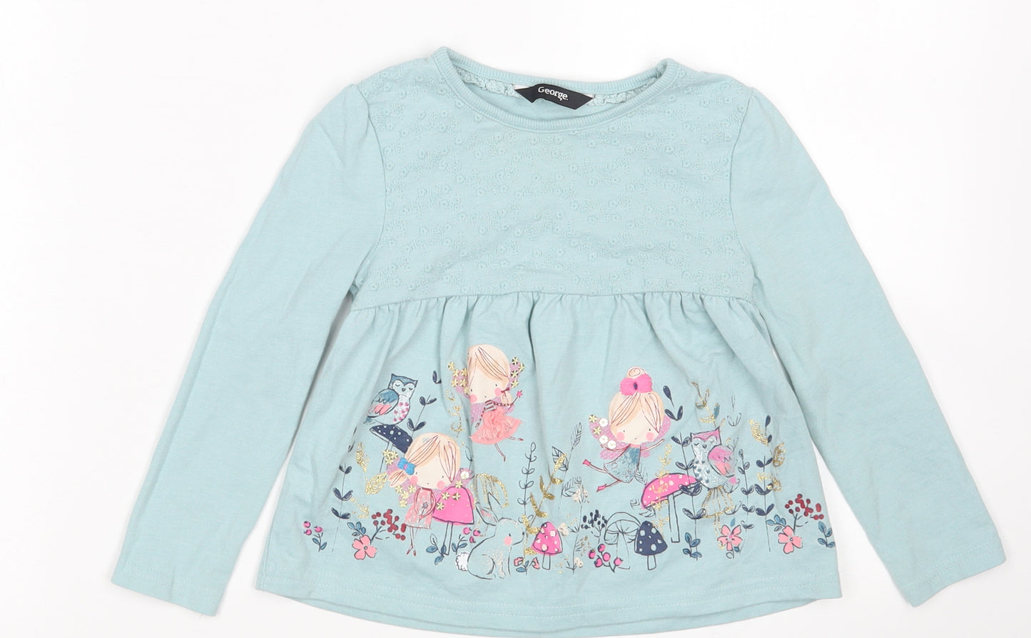 George Girls Green  Cotton Basic T-Shirt Size 2-3 Years Round Neck