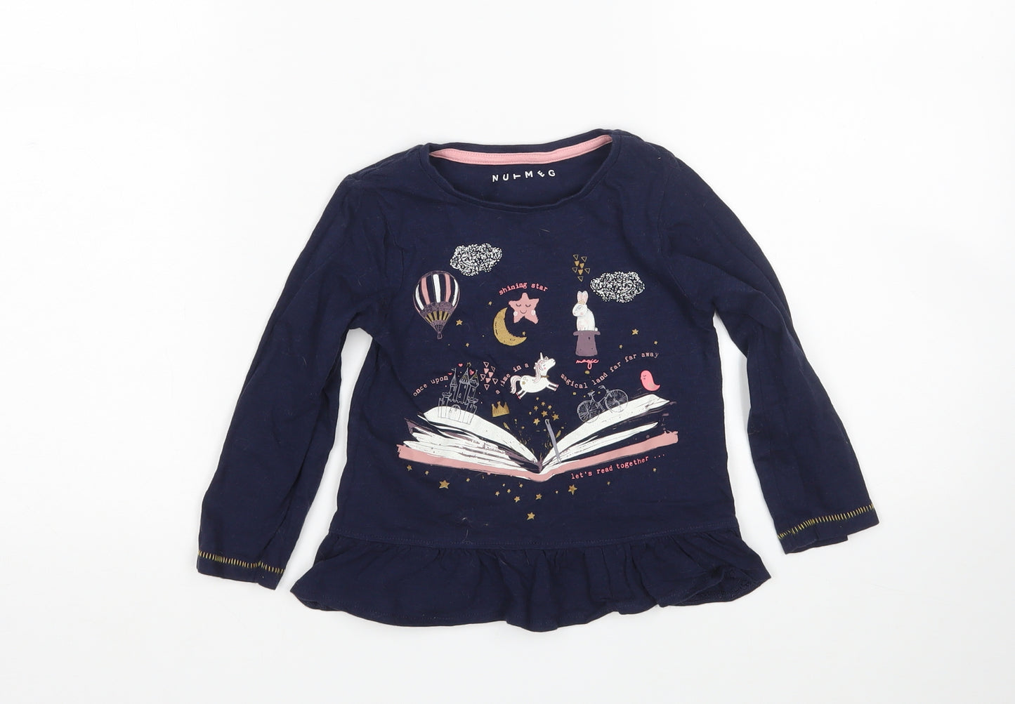 Nutmeg Girls Blue  Cotton Basic T-Shirt Size 2-3 Years Round Neck