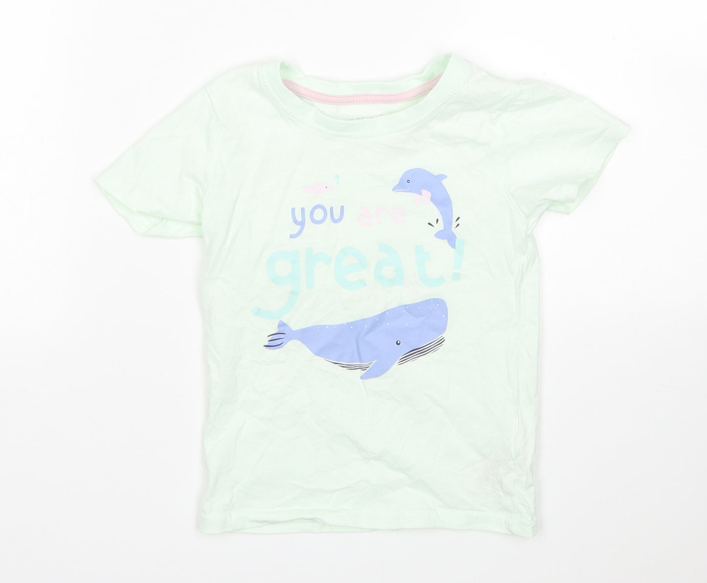 Primark Girls Green  Cotton Basic T-Shirt Size 2-3 Years Round Neck