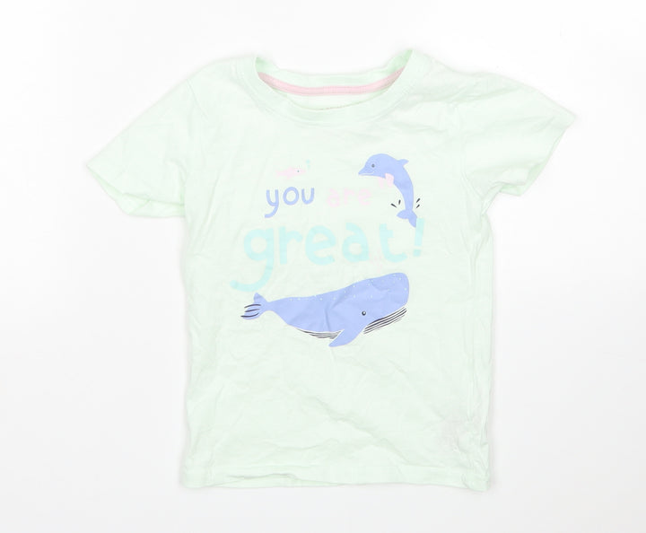 Primark Girls Green  Cotton Basic T-Shirt Size 2-3 Years Round Neck