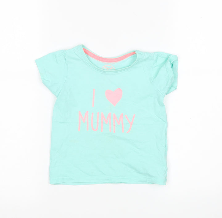 Primark Girls Green Cotton Basic T-Shirt Size 2-3 Years Round Neck - I love Mummy