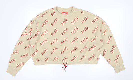 Front view of Primark women’s beige polyester pullover, size S, round neck - coca cola