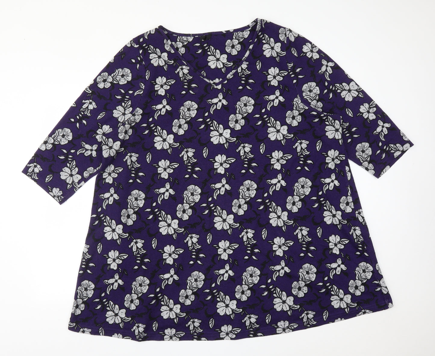 Preworn Womens Purple Floral Polyester Basic T-Shirt Size 28 V-Neck