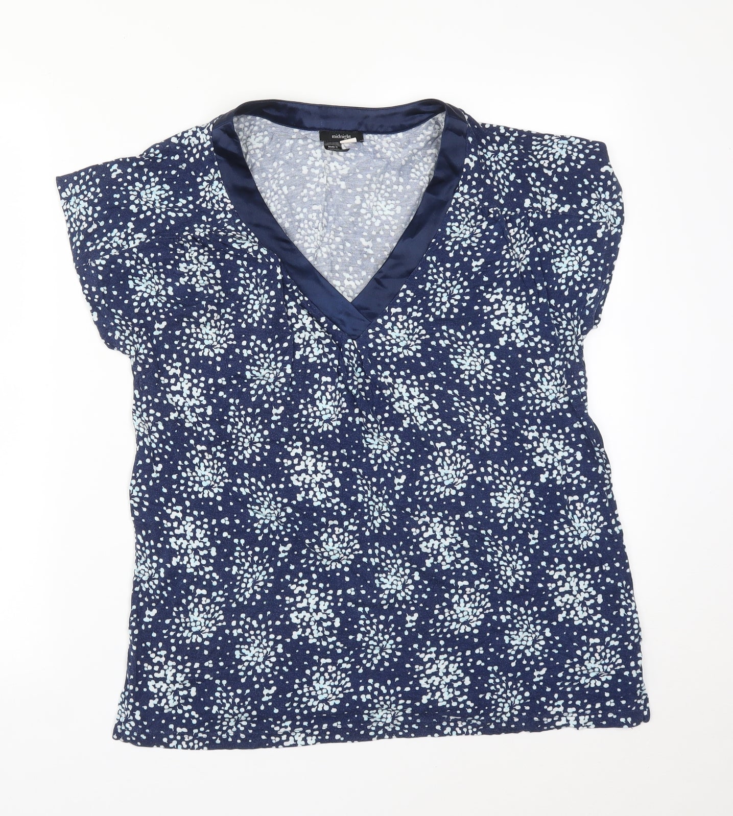 Midnight Womens Blue Floral Viscose Basic T-Shirt Size S V-Neck
