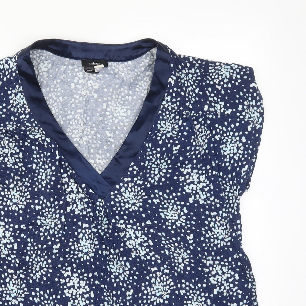 Midnight Womens Blue Floral Viscose Basic T-Shirt Size S V-Neck