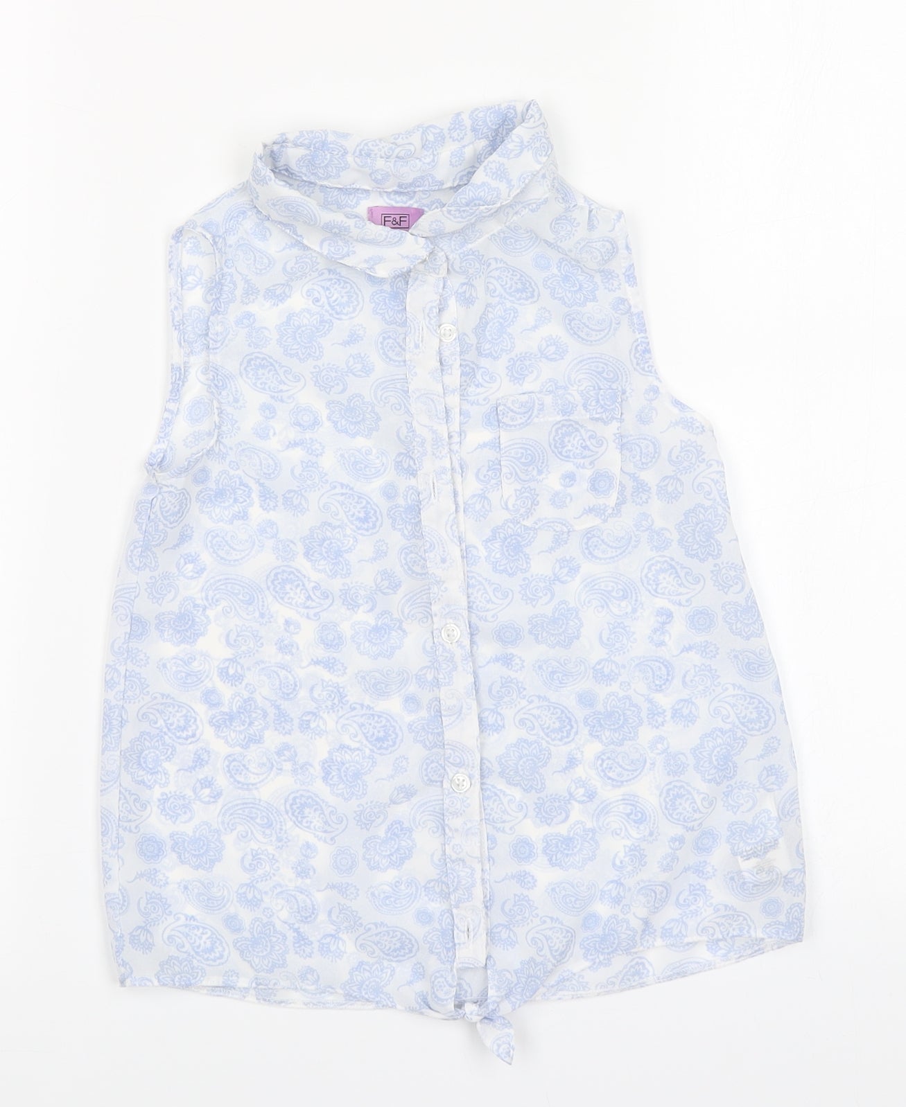 F&F Girls Blue Paisley Polyester Basic Button-Up Size 6-7 Years Collared