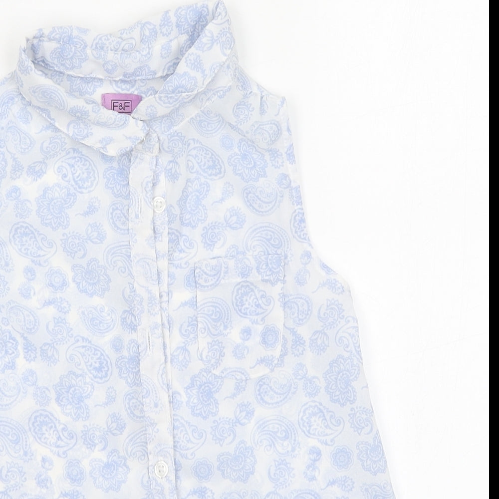 F&F Girls Blue Paisley Polyester Basic Button-Up Size 6-7 Years Collared