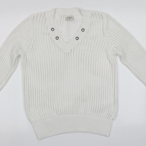 Papaya Womens White V-Neck  Polyester Pullover Jumper Size M