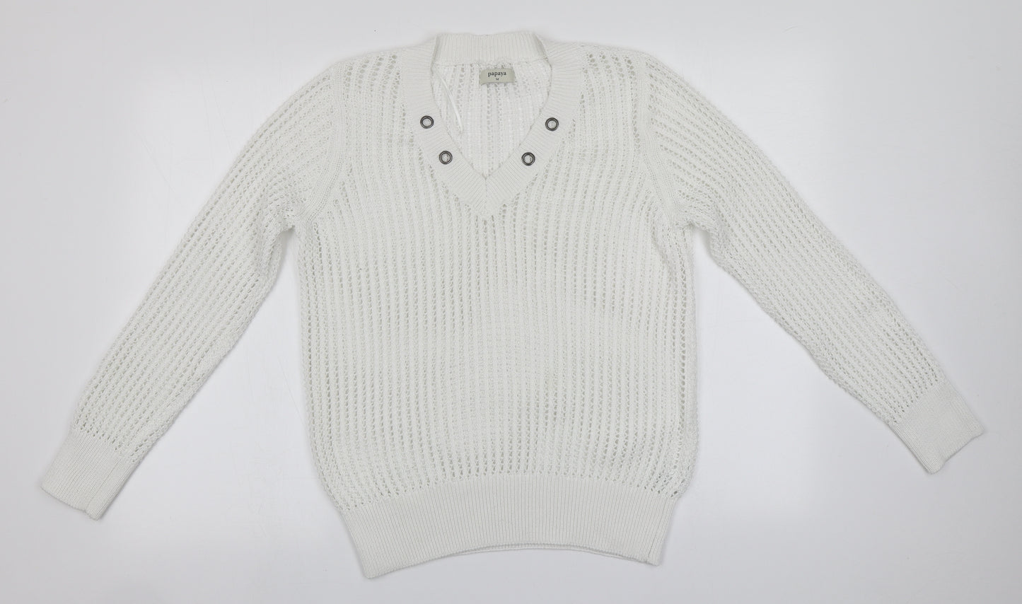 Papaya Womens White V-Neck  Polyester Pullover Jumper Size M