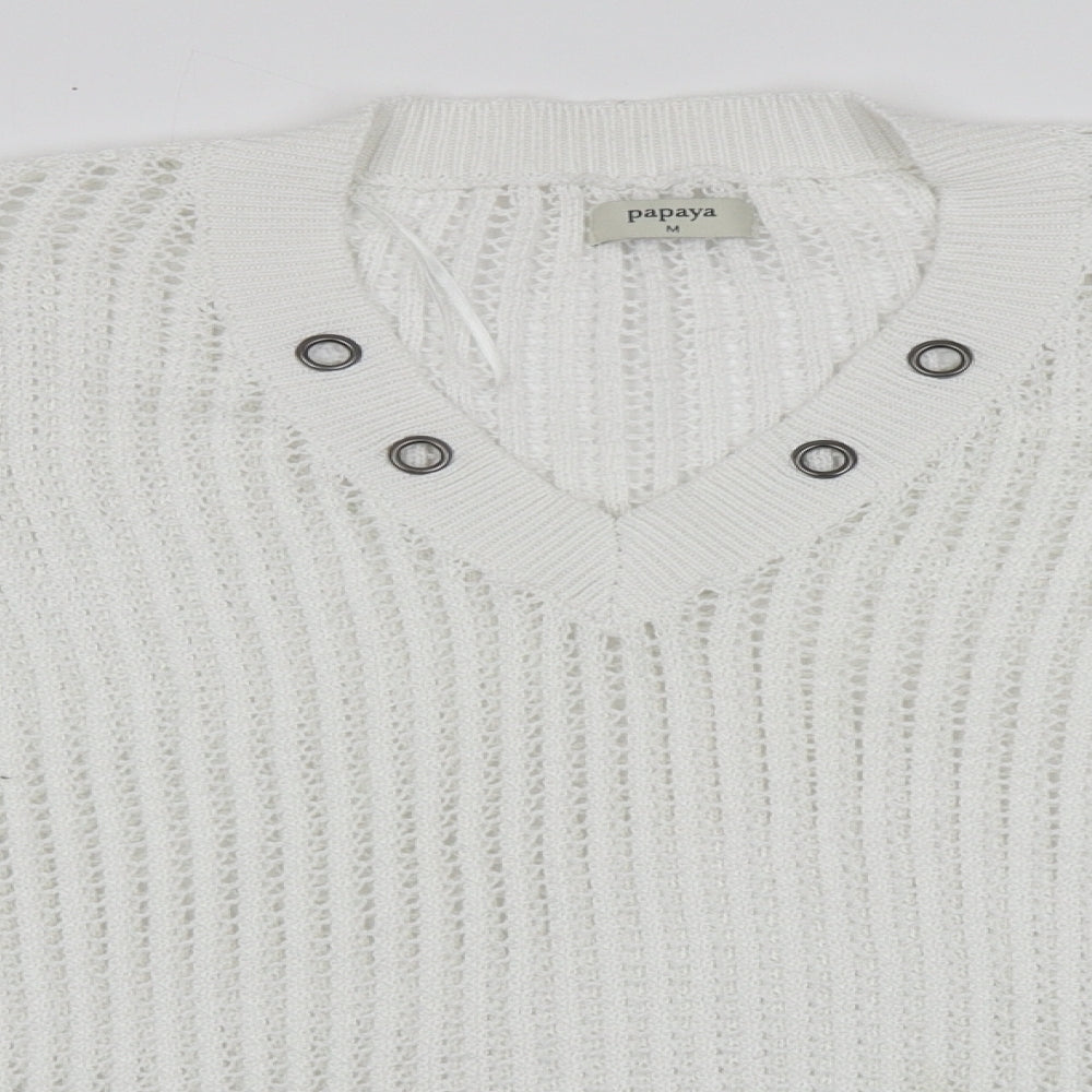 Papaya Womens White V-Neck  Polyester Pullover Jumper Size M