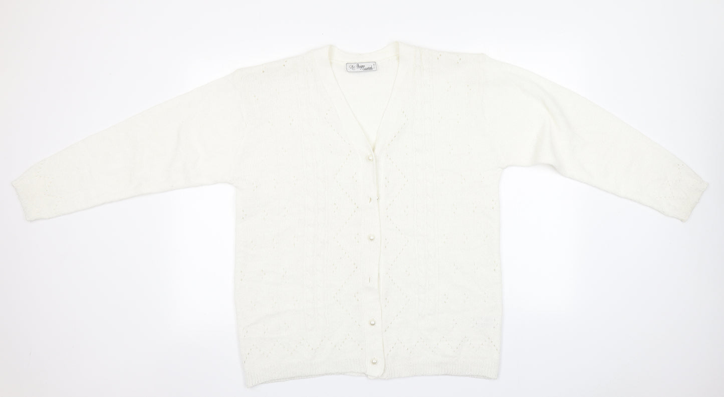 Preworn Womens White Round Neck  Acrylic Cardigan Jumper Size M