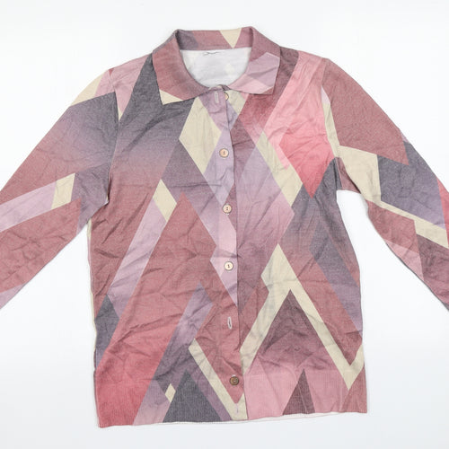 Preworn Womens Multicoloured Geometric Polyester Basic Button-Up Size 12 Collared