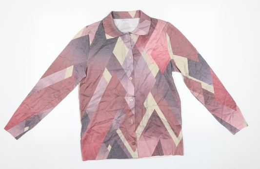 Front view of Preworn women’s multicoloured geometric polyester basic button-up, size UK 12, collared