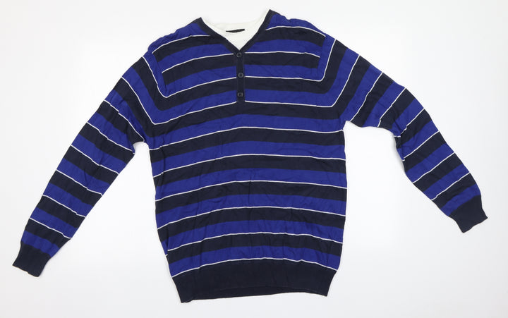 Cedar Wood State Mens Blue Round Neck Striped Cotton Pullover Jumper Size M