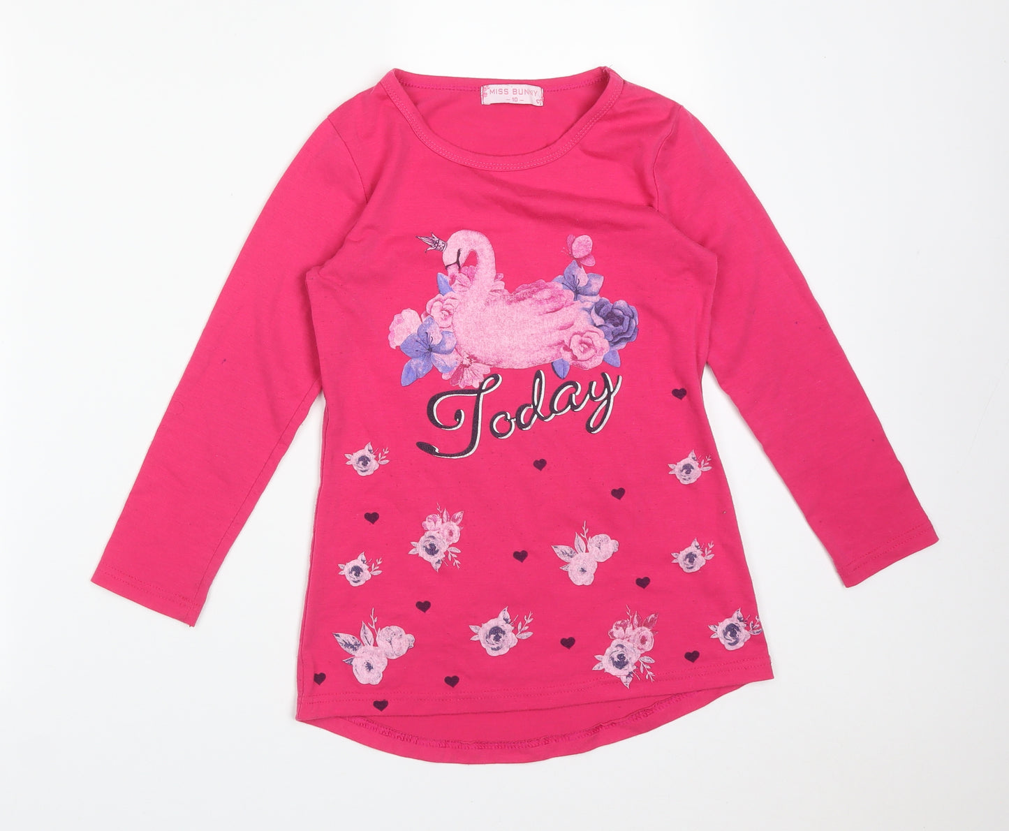 MISS BUNNY Girls Pink Floral  Basic T-Shirt Size 10 Years Round Neck  - SWAN  TODAY