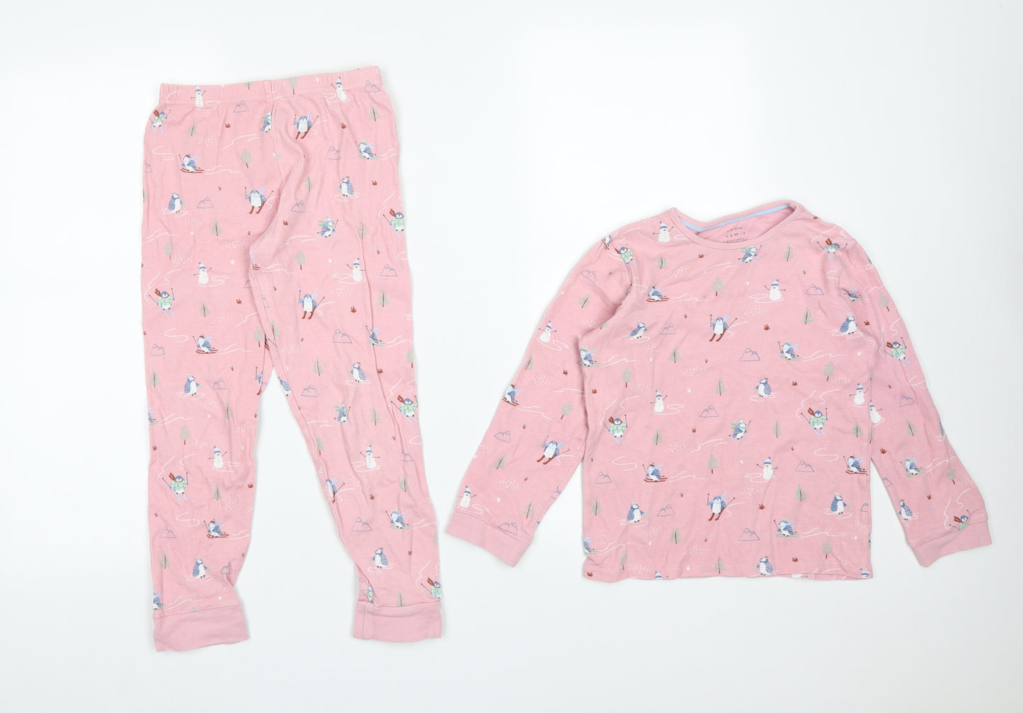 John Lewis Girls Pink Animal Print Cotton  Pyjama Set Size 7 Years   - PENGUIN SNOWMAN