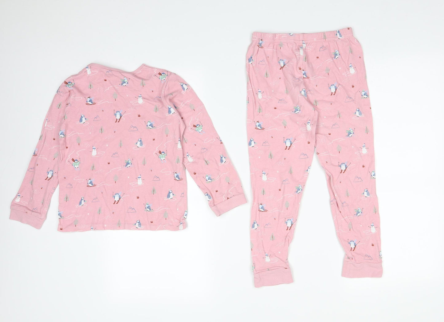 John Lewis Girls Pink Animal Print Cotton  Pyjama Set Size 7 Years   - PENGUIN SNOWMAN