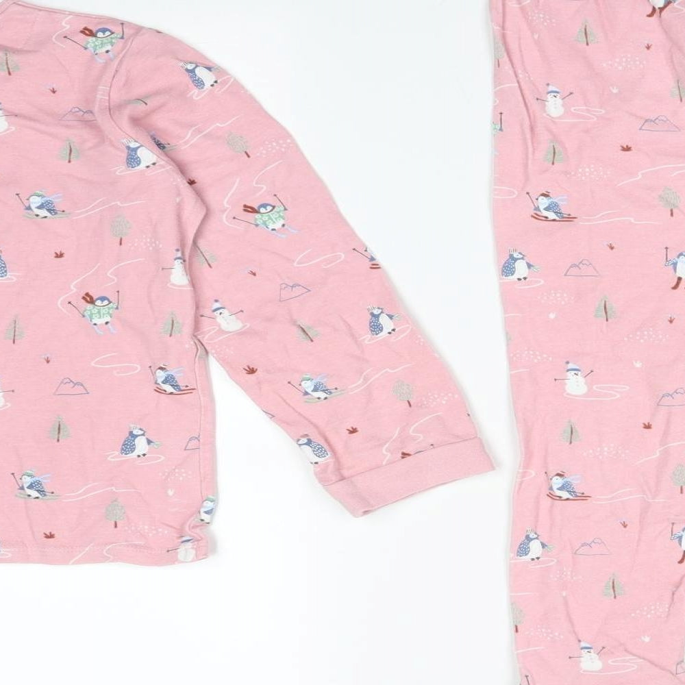 John Lewis Girls Pink Animal Print Cotton  Pyjama Set Size 7 Years   - PENGUIN SNOWMAN