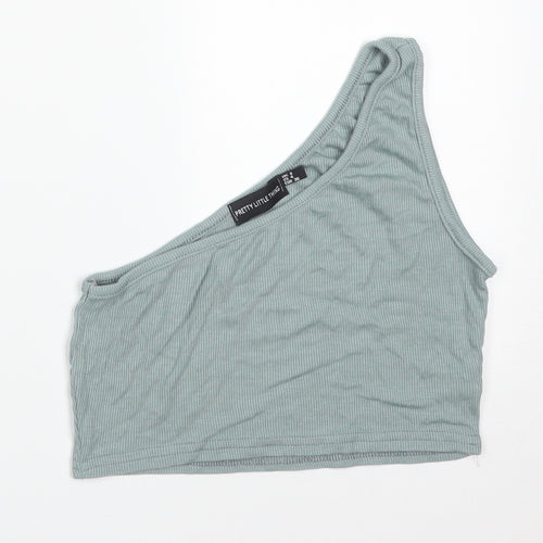 PRETTYLITTLETHING Womens Green Striped Polyester Camisole T-Shirt Size 8 One Shoulder