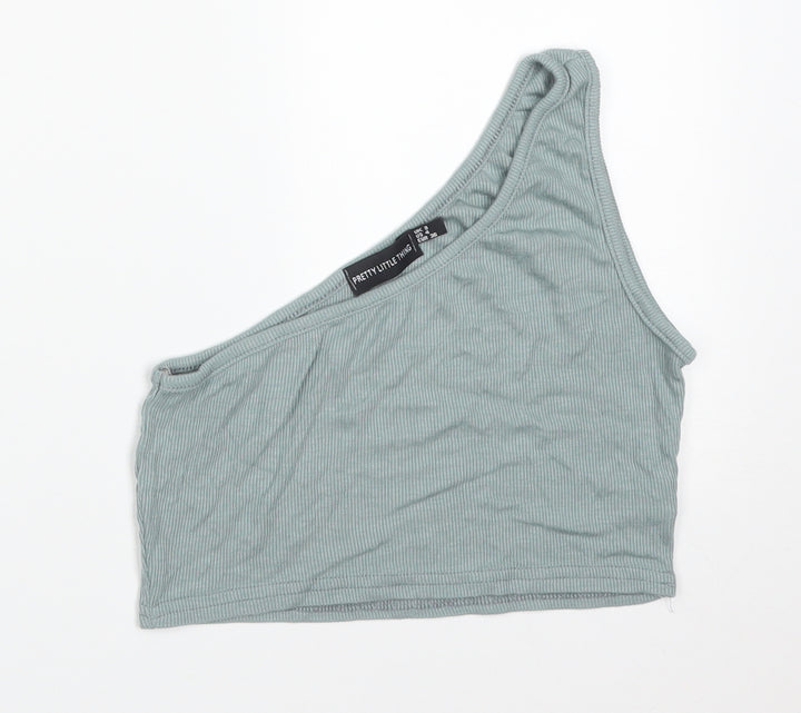 PRETTYLITTLETHING Womens Green Striped Polyester Camisole T-Shirt Size 8 One Shoulder
