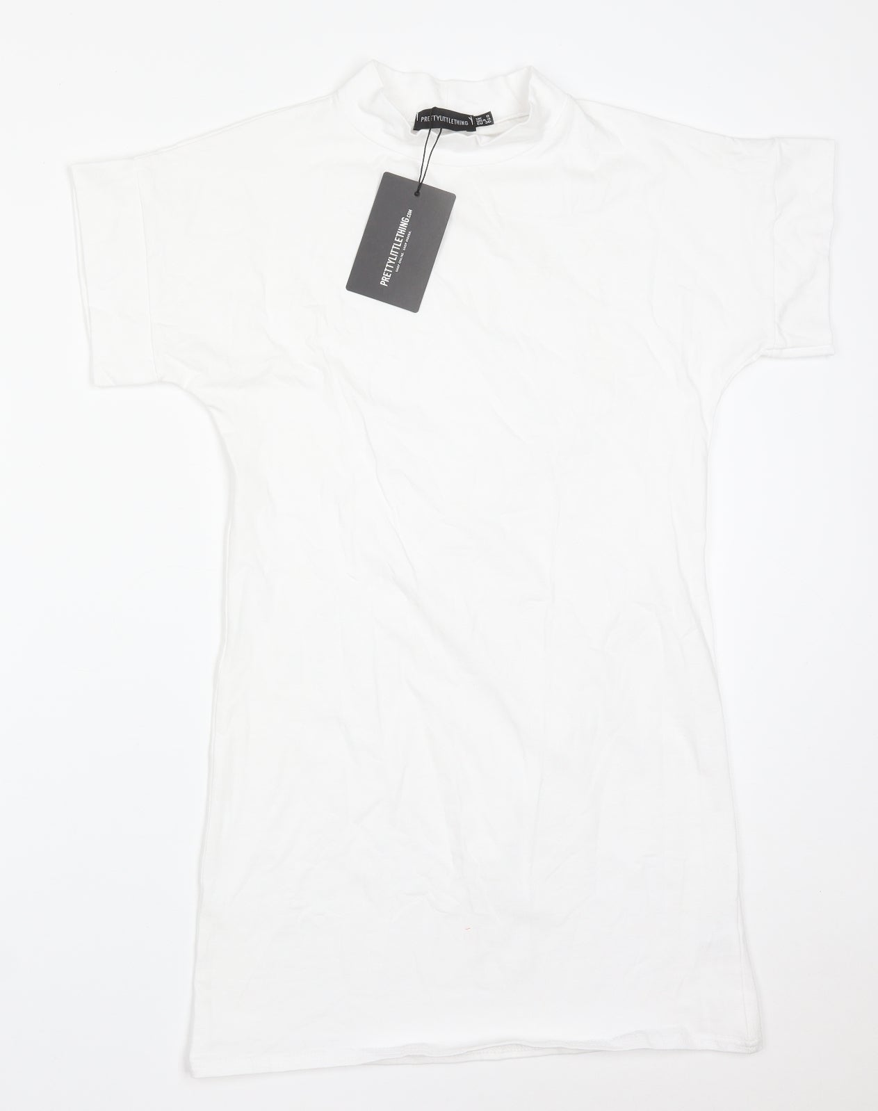 PRETTYLITTLETHING Womens White  Polyester T-Shirt Dress  Size 8  Mock Neck