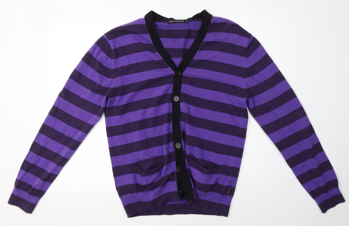 French Connection Mens Purple V-Neck Striped Cotton Cardigan Jumper Size L