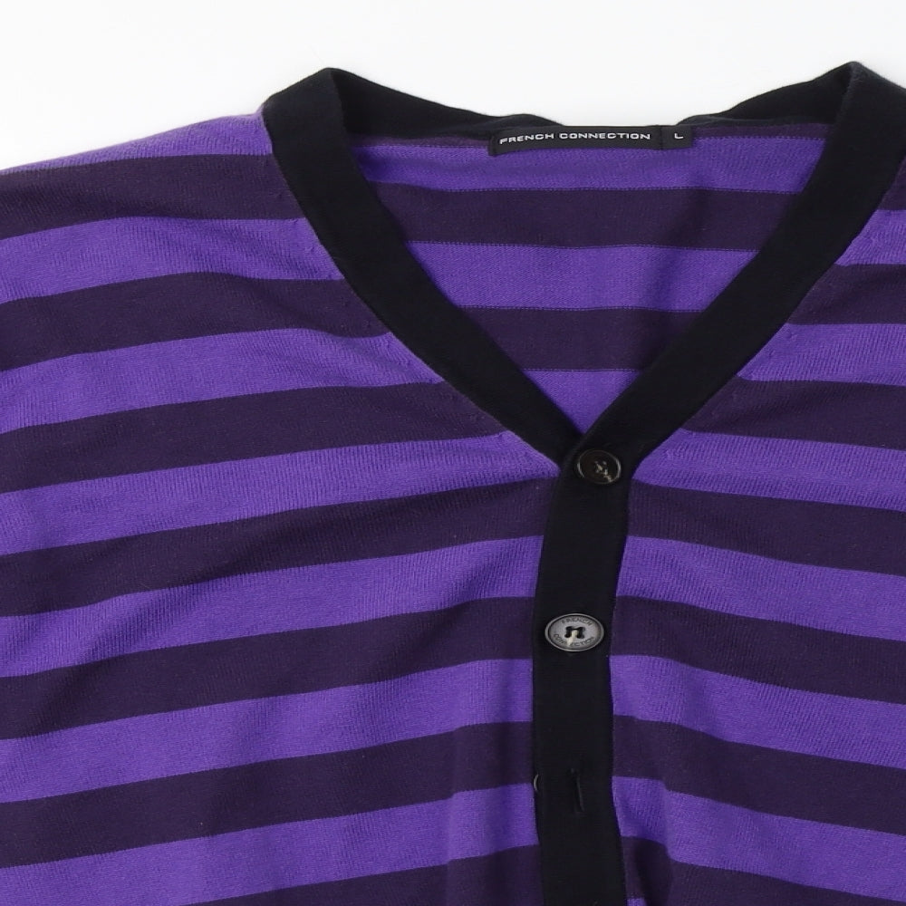 French Connection Mens Purple V-Neck Striped Cotton Cardigan Jumper Size L