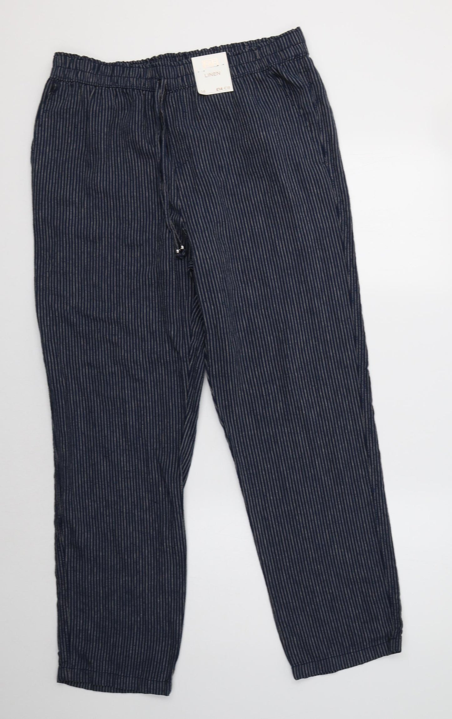 F&F Womens Blue Striped Linen Trousers  Size 14 L30 in Regular