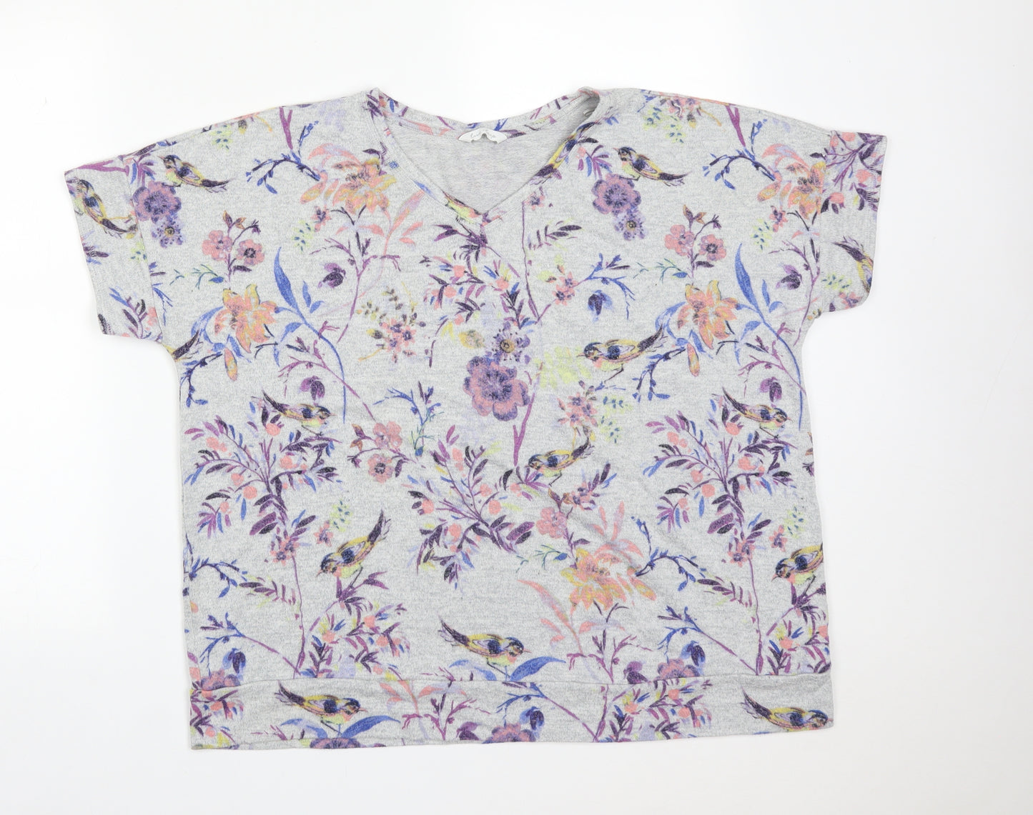 M&S Womens Multicoloured Floral Viscose Basic T-Shirt Size 16 V-Neck