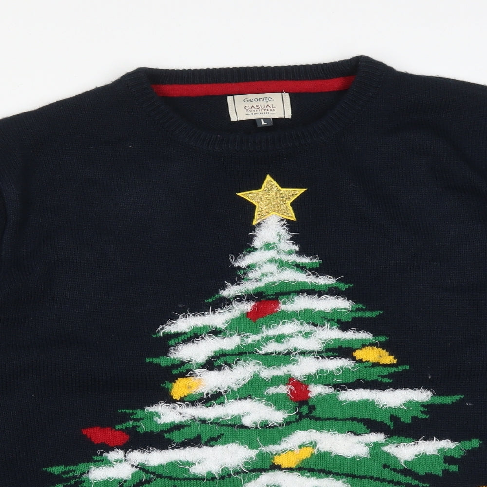 George Mens Blue  Acrylic Pullover Sweatshirt Size L   - CHRISTMAS TREE