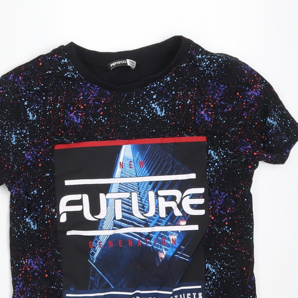 PEP&CO Boys Black Spotted Cotton Basic T-Shirt Size 7-8 Years Crew Neck  - FUTURE